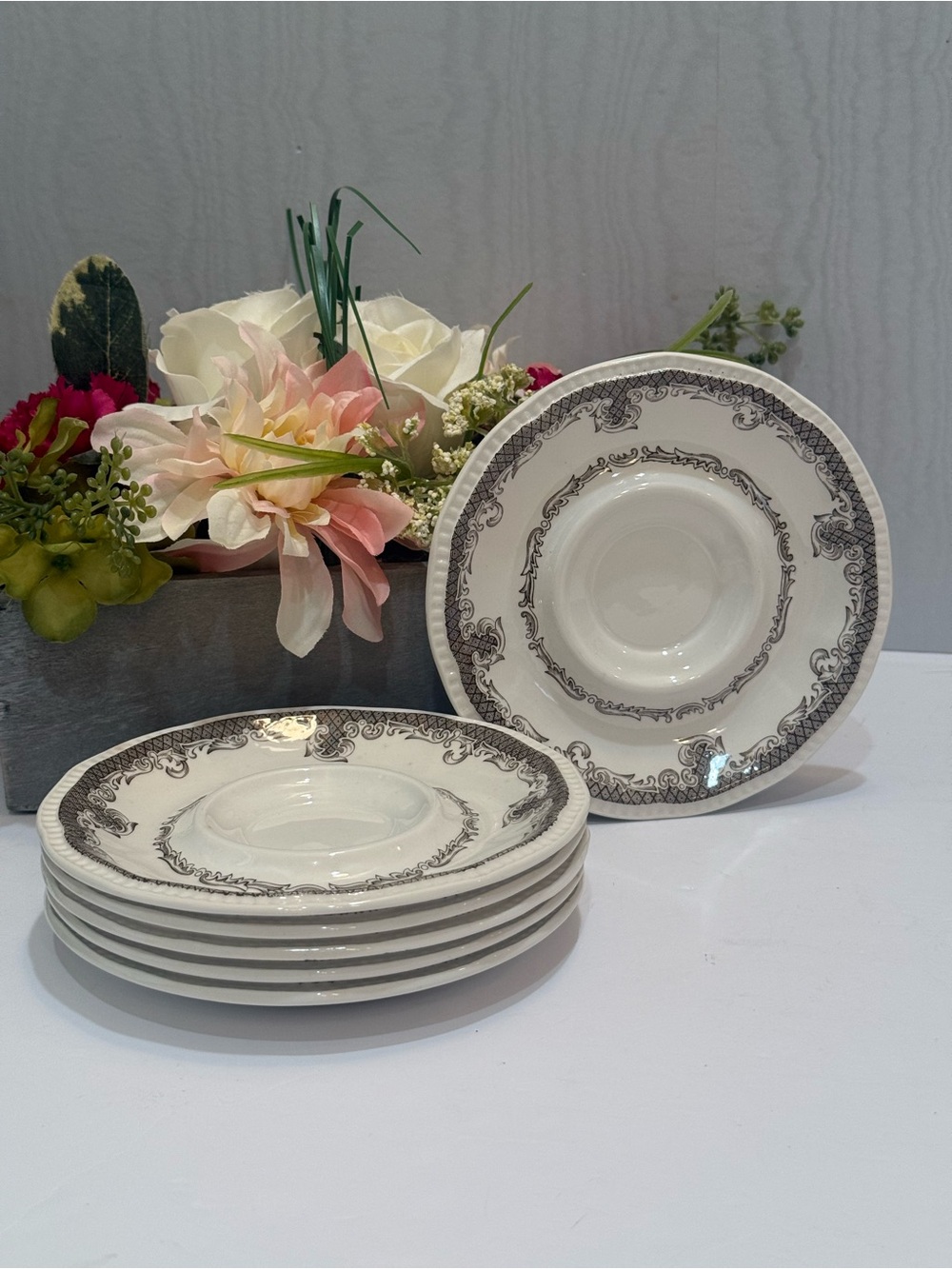 Set of 6 Vintage Enoch Wedgwood Shakespeare Sonnets Brown Saucers Spring VI
